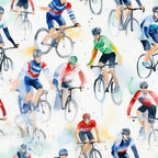 Watercolor illustration of cyclists in different colored jerseys riding bicycles on a white background.