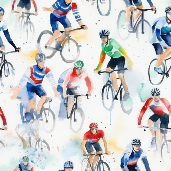 Watercolor illustration of cyclists in different colored jerseys riding bicycles on a white background.