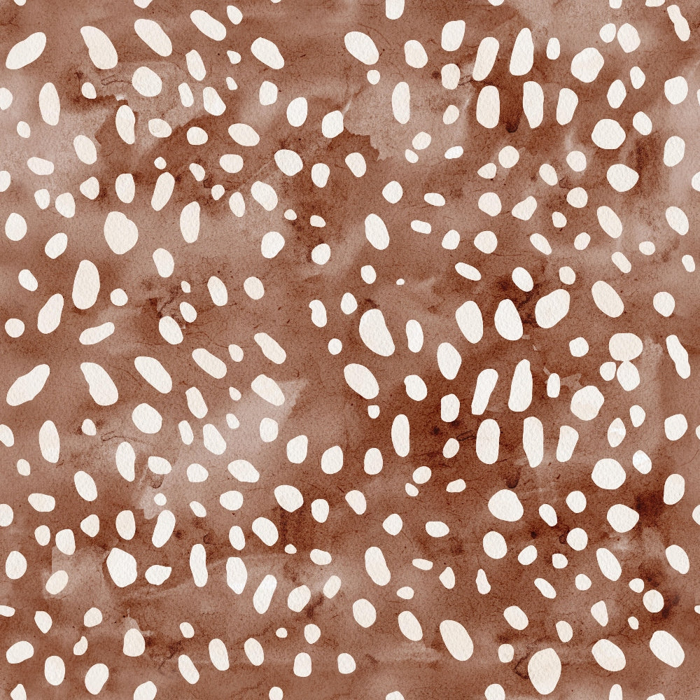 Watercolor Deer Print 1 Fabric with brown and white watercolor spots, animal-inspired texture, soft cotton textile, natural design, quilting material, fabric yardage, organic look, light and dark brown shades, abstract animal pattern, premium cotton fabric, decorative quilting textile.
