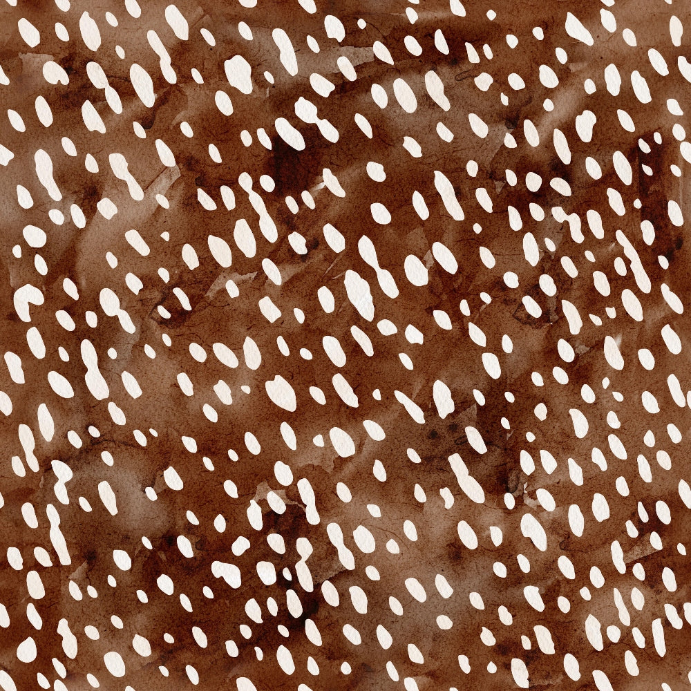 '- Watercolor Deer Print 2 Fabric - Brown shades - White spots - Animal-inspired pattern - Textured appearance - Soft textile - Quilting material - Natural motif - Fabric textile