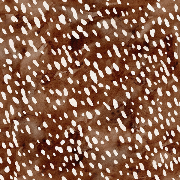 '- Watercolor Deer Print 2 Fabric - Brown shades - White spots - Animal-inspired pattern - Textured appearance - Soft textile - Quilting material - Natural motif - Fabric textile