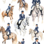 Pattern of equestrians in blue jackets and helmets riding various horses, set against a white background.