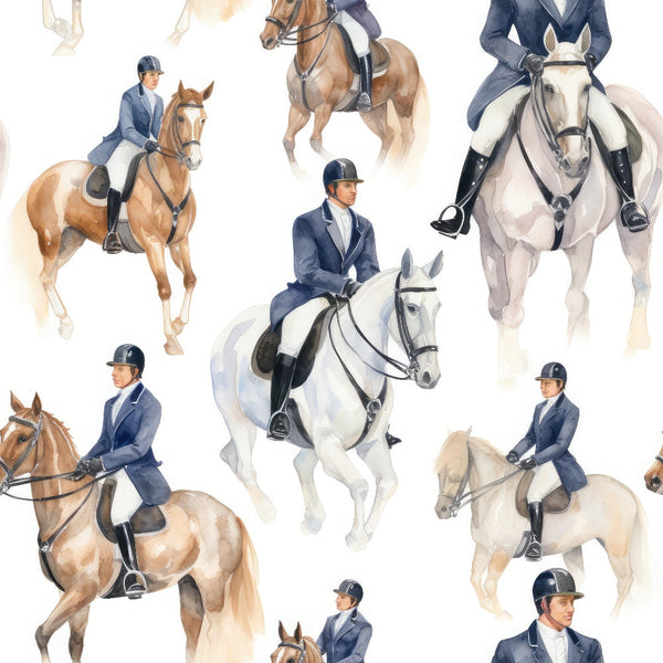 Pattern of equestrians in blue jackets and helmets riding various horses, set against a white background.