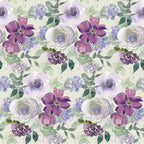 Watercolor Floral Art Pattern 2 Fabric, floral design, watercolor style, purple flowers, lavender, green leaves, cream background,, fabric yardage, soft texture, handcrafted, artistic print, botanical, vintage floral, fabric material, sewing cotton, delicate flowers.