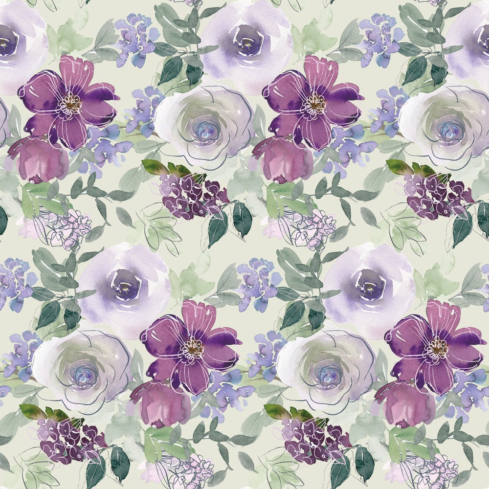 Watercolor Floral Art Pattern 2 Fabric, floral design, watercolor style, purple flowers, lavender, green leaves, cream background,, fabric yardage, soft texture, handcrafted, artistic print, botanical, vintage floral, fabric material, sewing cotton, delicate flowers.