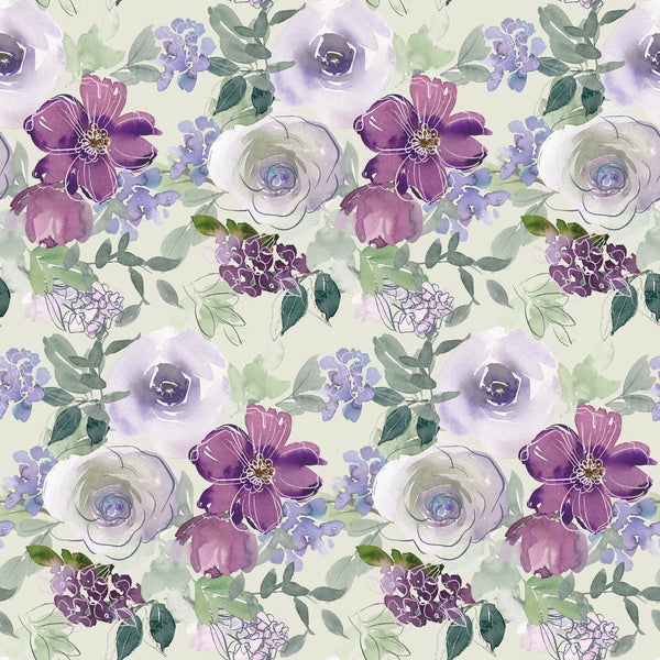 Watercolor Floral Art Pattern 2 Fabric, floral design, watercolor style, purple flowers, lavender, green leaves, cream background,, fabric yardage, soft texture, handcrafted, artistic print, botanical, vintage floral, fabric material, sewing cotton, delicate flowers.