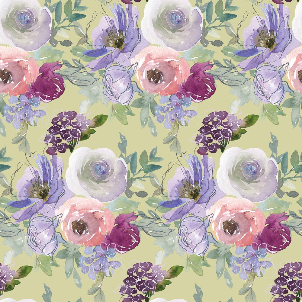 Floral pattern with pink, purple, and white flowers on a light green background.