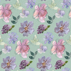 Watercolor Floral Art Pattern 4 Fabric, floral design, watercolor flowers, pink, purple, lavender, green leaves, botanical print, cotton fabric, quilting fabric, soft texture, artistic pattern, handcrafted style, premium, light green background.