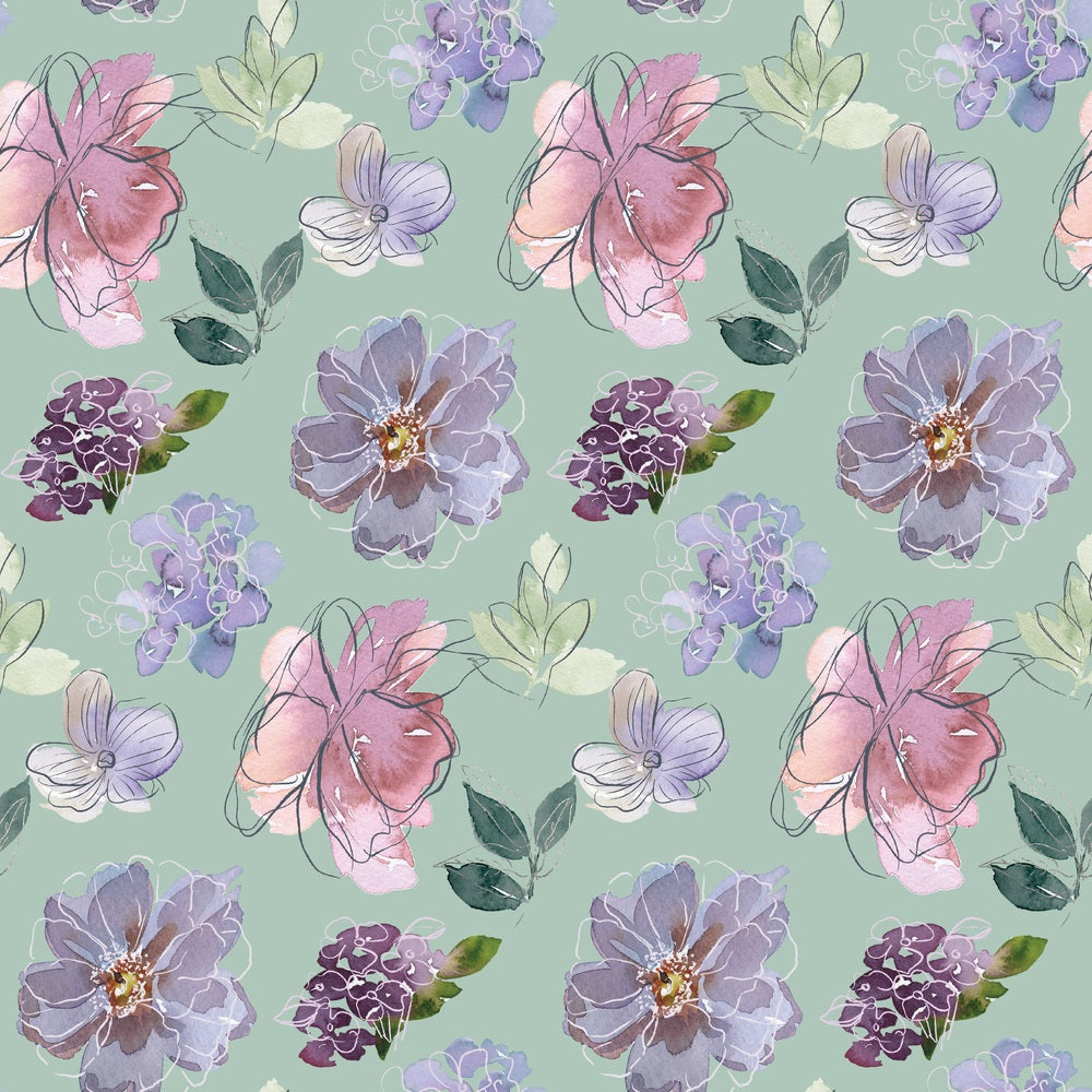 Watercolor Floral Art Pattern 4 Fabric, floral design, watercolor flowers, pink, purple, lavender, green leaves, botanical print, cotton fabric, quilting fabric, soft texture, artistic pattern, handcrafted style, premium, light green background.