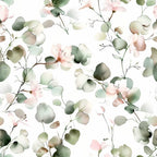 Watercolor Floral Eucalyptus Fabric, floral design, eucalyptus leaves, green tones, blush pink flowers, botanical pattern, soft pastel colors,, premium fabric, natural motif, delicate florals, fabric yardage, artistic print
