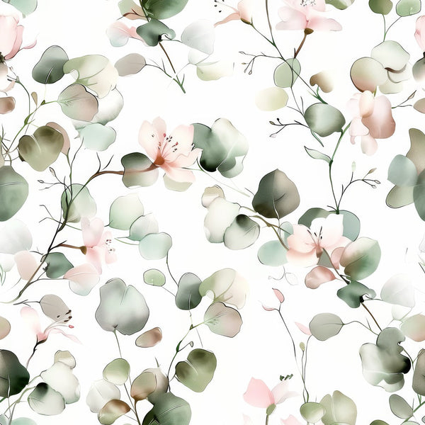 Watercolor Floral Eucalyptus minky fabric with pale green eucalyptus leaves and blush pink flowers on a light watercolor ground
