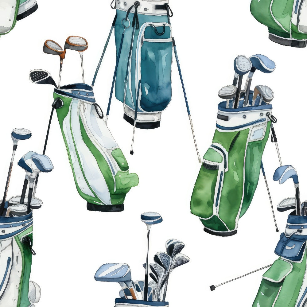 Illustration of various golf bags in green, blue, and white, each containing a set of golf clubs on a white background.