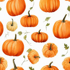 Pattern of orange pumpkins and green leaves on a white background.
