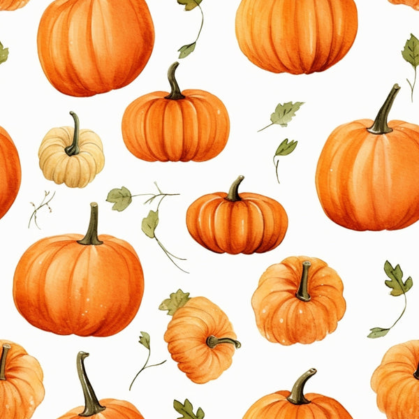 Pattern of orange pumpkins and green leaves on a white background.