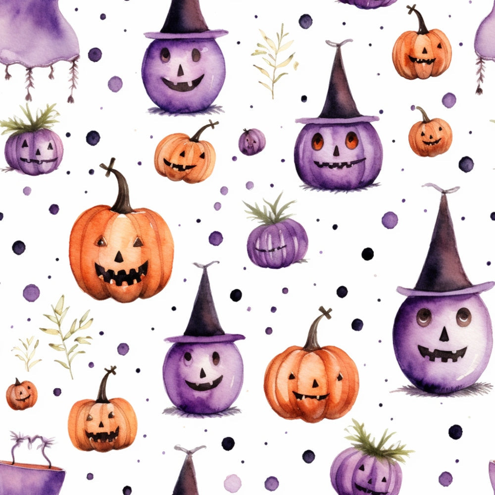 Pattern with smiling pumpkins in orange and purple, some wearing witch hats, surrounded by small dots and branches on a white background.
