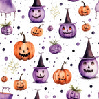 Pattern with smiling pumpkins in orange and purple, some wearing witch hats, surrounded by small dots and branches on a white background.