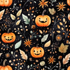 Pattern of smiling jack-o-lanterns, leaves, and small flowers on a black background.