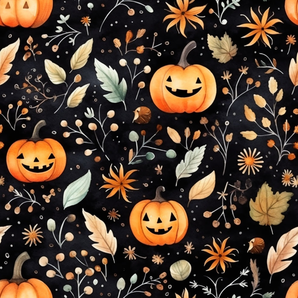 Pattern of smiling jack-o-lanterns, leaves, and small flowers on a black background.