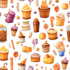 Illustrated pattern of various desserts, including cupcakes, ice cream cones, candies, and pastries, on a white background.
