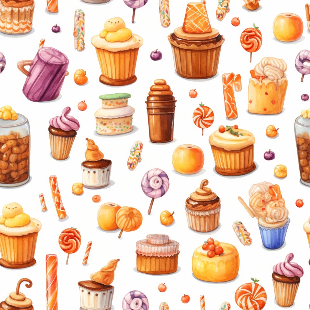 Illustrated pattern of various desserts, including cupcakes, ice cream cones, candies, and pastries, on a white background.