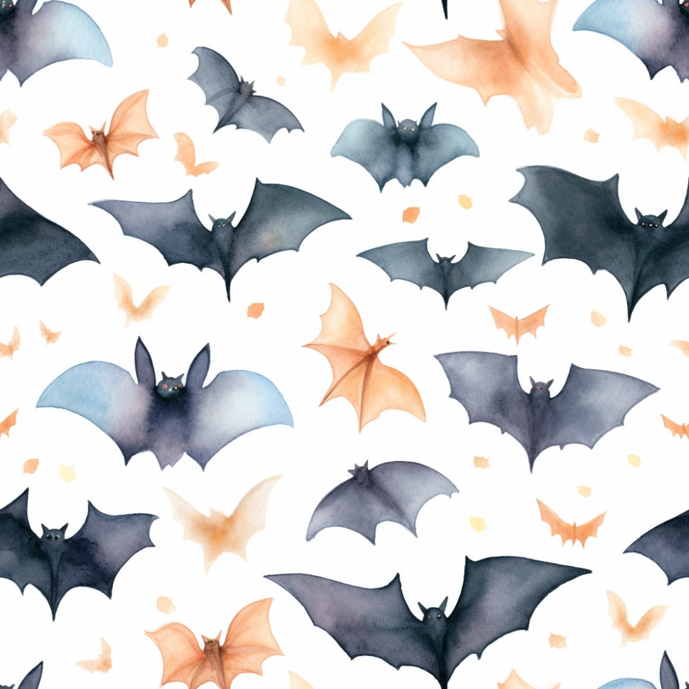 Watercolor pattern of flying bats in shades of black, orange, and gray on a white background.