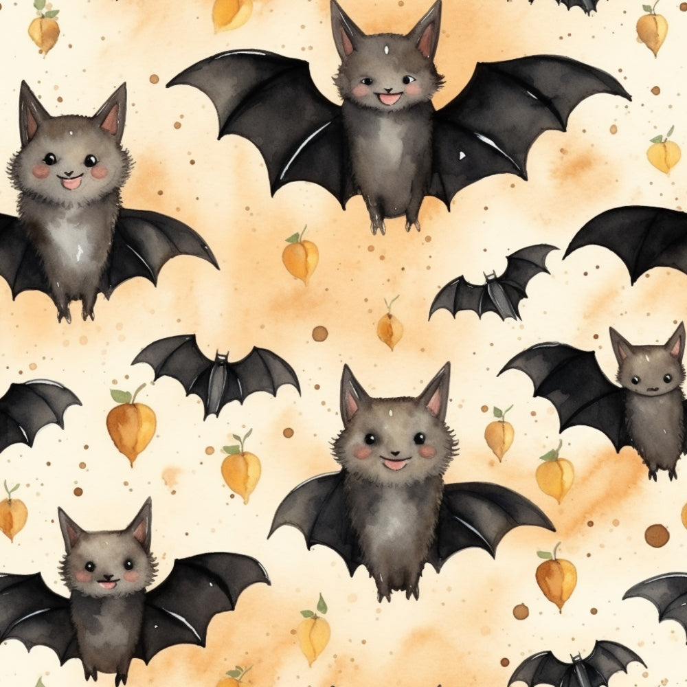 Cute cartoon bats with smiling faces and outstretched wings are scattered among small orange fruits on a beige background.