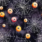 Illustration of spiders on vibrant, orange and red spherical webs against a dark background filled with star-like patterns.