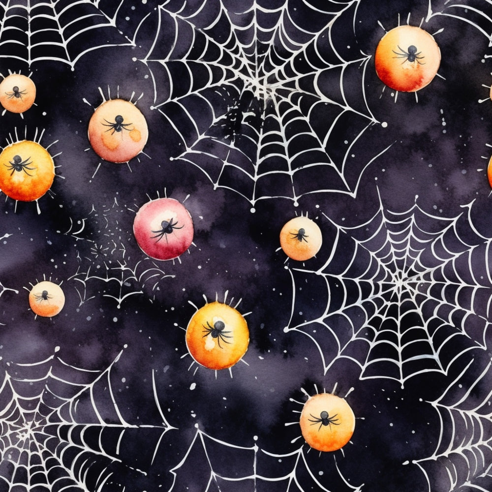 Illustration of spiders on vibrant, orange and red spherical webs against a dark background filled with star-like patterns.