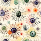 Colorful abstract spider webs and circular shapes on a light background, featuring hues of green, red, purple, and orange, distributed evenly across the image.