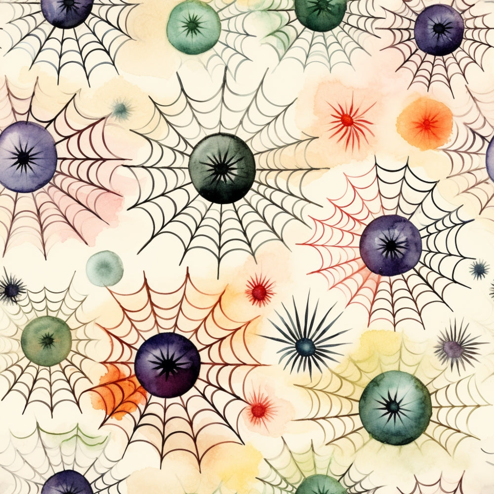 Colorful abstract spider webs and circular shapes on a light background, featuring hues of green, red, purple, and orange, distributed evenly across the image.