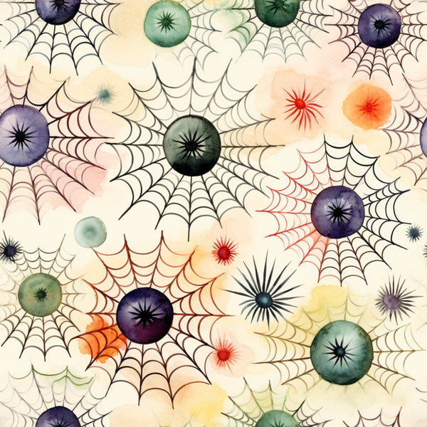 Colorful abstract spider webs and circular shapes on a light background, featuring hues of green, red, purple, and orange, distributed evenly across the image.