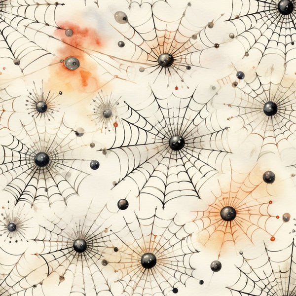 Illustration of intricate spiderwebs with scattered droplets on a light background, featuring subtle orange and red watercolor accents.