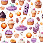 Illustrated pattern of various Halloween-themed cupcakes, lollipops, candy apples, and popsicles on a white background.