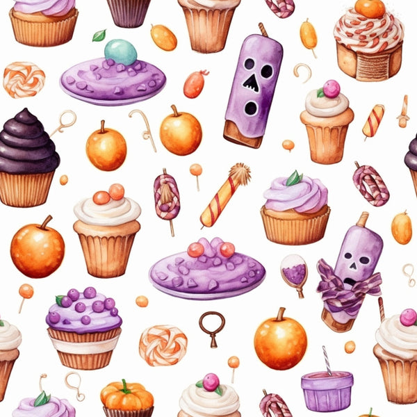 Illustrated pattern of various Halloween-themed cupcakes, lollipops, candy apples, and popsicles on a white background.