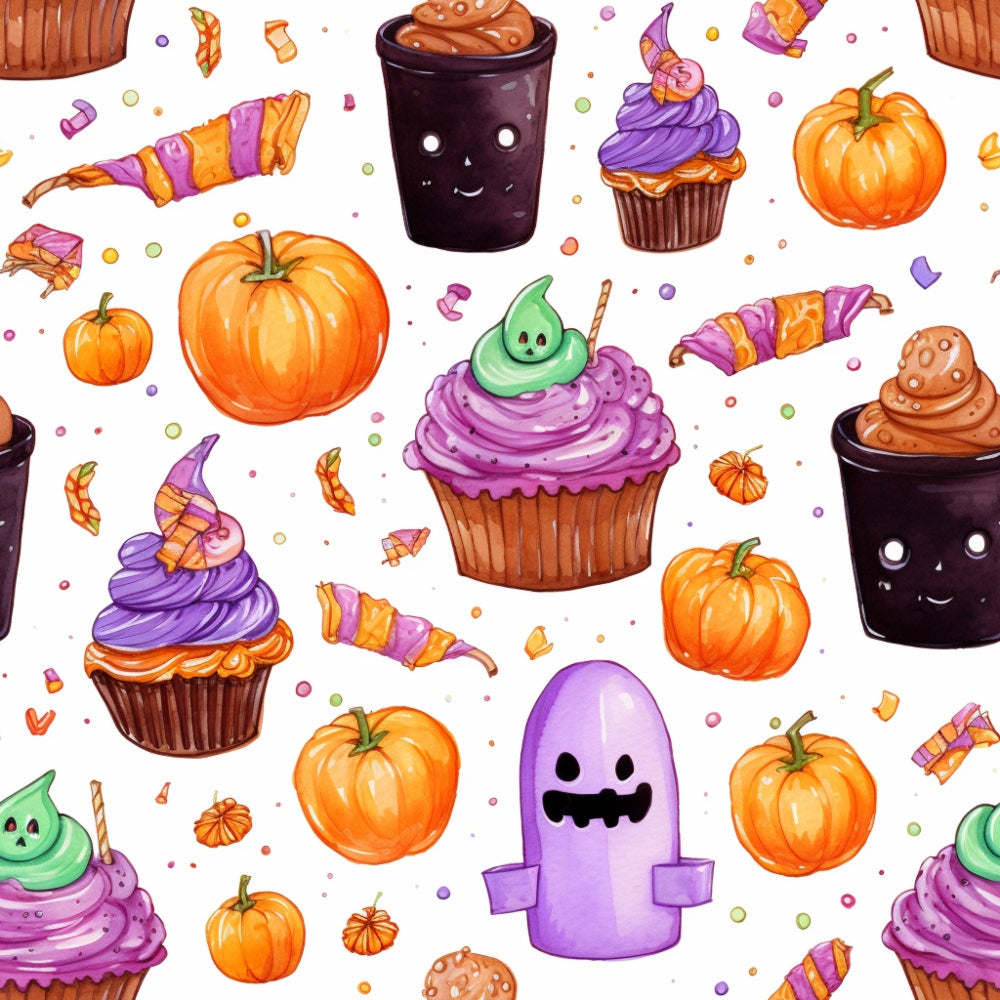Pattern with pumpkins, cupcakes, candy, chocolate cups with faces, and purple ghost-like figures on a white background.