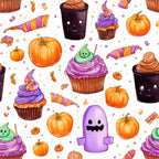 Pattern with pumpkins, cupcakes, candy, chocolate cups with faces, and purple ghost-like figures on a white background.