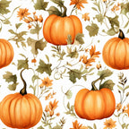 Pattern of orange pumpkins and autumn leaves on a white background.