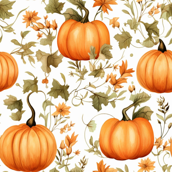 Pattern of orange pumpkins and autumn leaves on a white background.