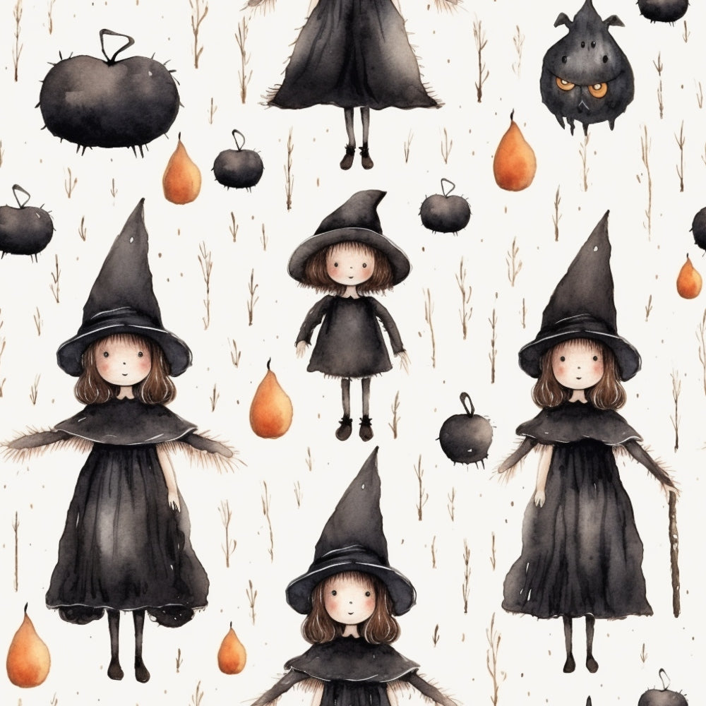 Pattern of illustrated witches and pumpkins in black and orange on a white background.