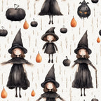 Pattern of illustrated witches and pumpkins in black and orange on a white background.