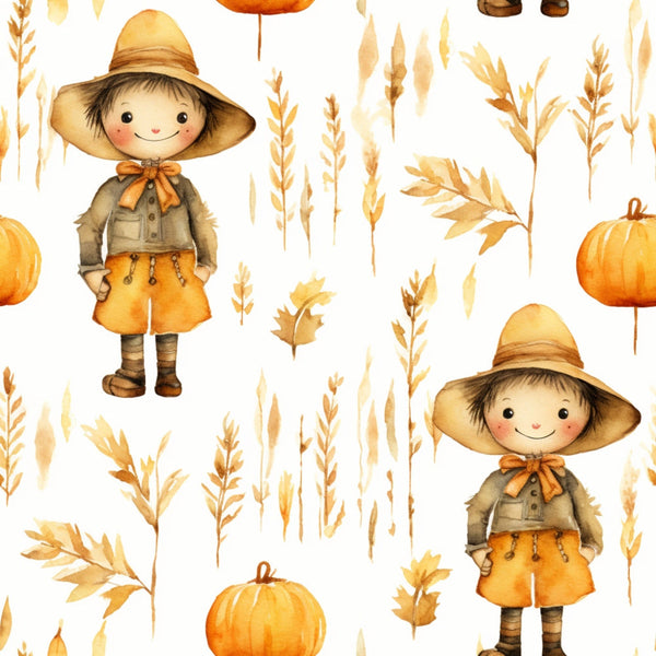 Pattern of a cute scarecrow character in a hat and orange outfit surrounded by autumn leaves and pumpkins on a white background.