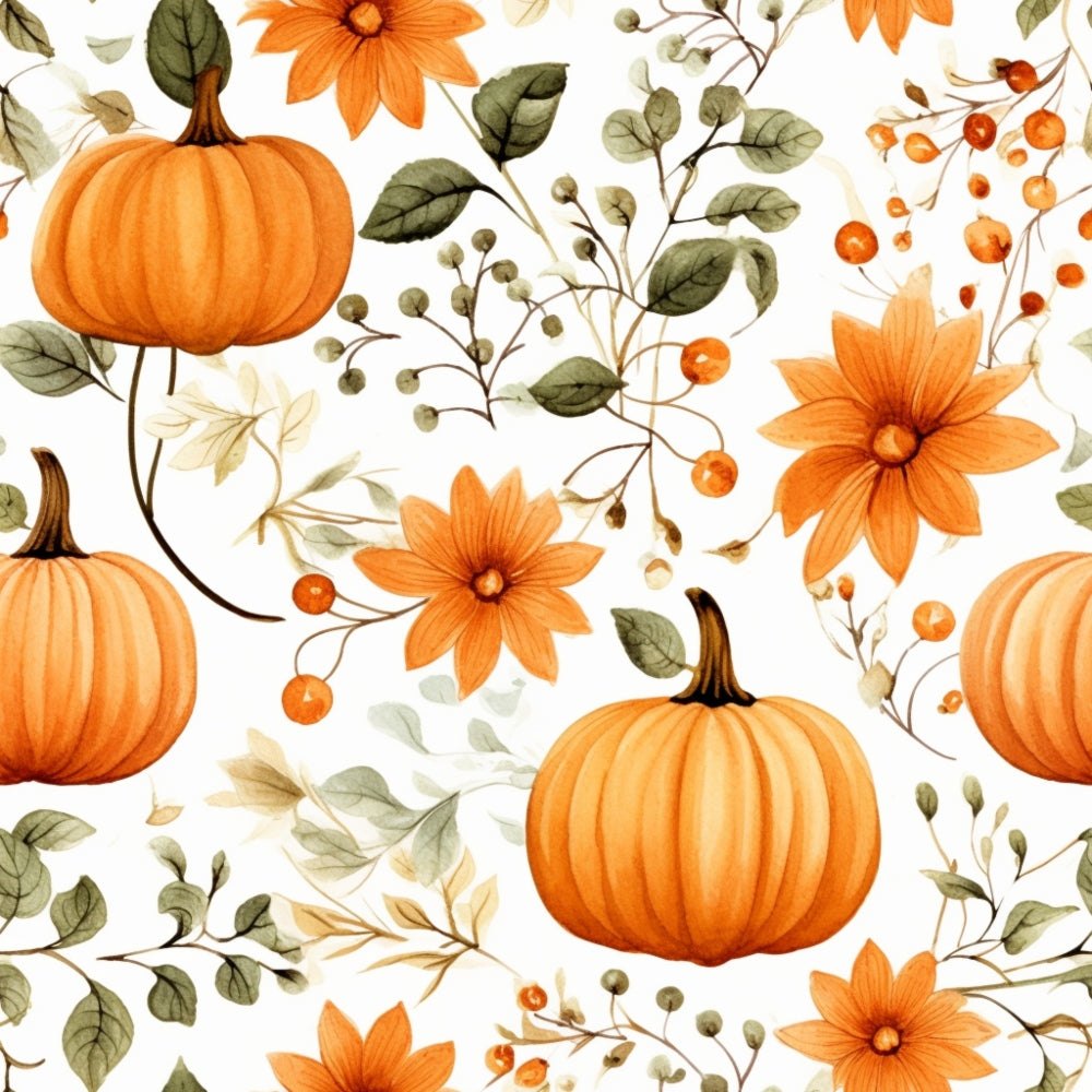 Pattern of orange pumpkins, flowers, and green leaves on a white background.