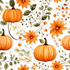 Pattern of orange pumpkins, flowers, and green leaves on a white background.
