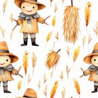 Pattern of cartoon scarecrows with straw hats and wheat stalks on a white background.