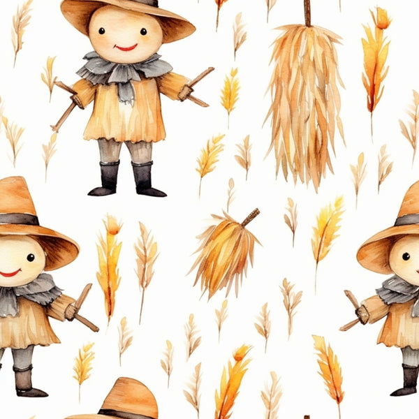 Pattern of cartoon scarecrows with straw hats and wheat stalks on a white background.
