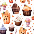 Pattern of Halloween-themed cupcakes with various toppings and candies, including pumpkins, chocolate swirls, and lollipops, on a white background.