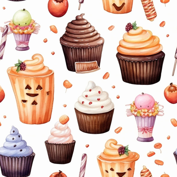 Pattern of Halloween-themed cupcakes with various toppings and candies, including pumpkins, chocolate swirls, and lollipops, on a white background.