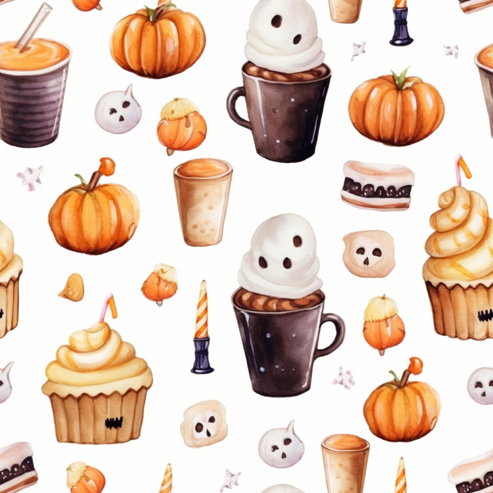 Pattern featuring illustrated pumpkins, cupcakes, ghost mugs, candles, and marshmallows on a white background.