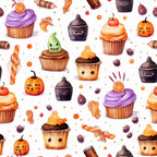 Pattern of Halloween-themed cupcakes, candies, and jack-o-lanterns on a white background.