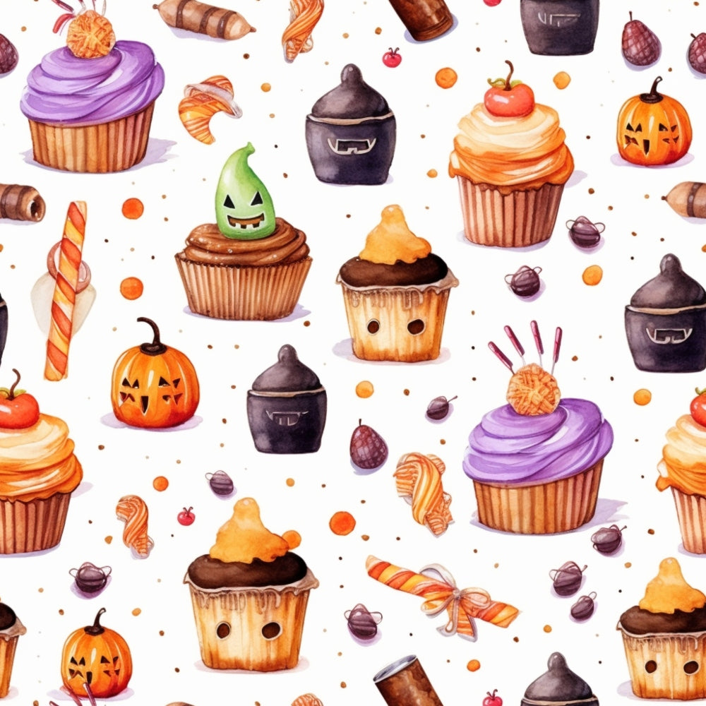 Pattern of Halloween-themed cupcakes, candies, and jack-o-lanterns on a white background.